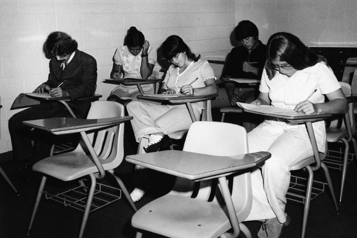 students taking written exam